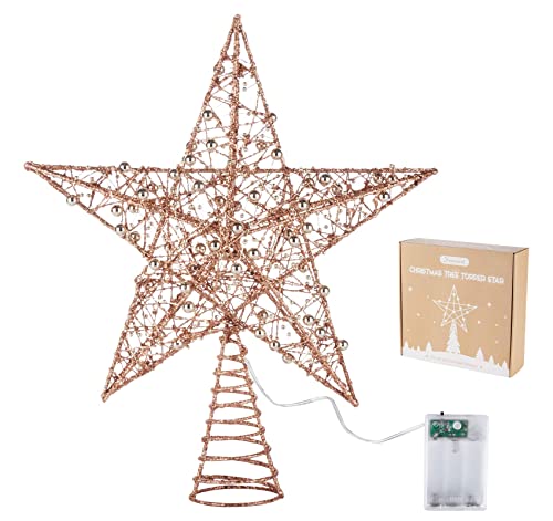 Homewit Glitzer Baum Topper aus Metall, Weihnachtsbaum Topper Stern mit Roségold Metallperlen für Weihnachten, Tannenbaumspitze für Ihren Christbaum, 30 cm - Blinkbare Lichter von Homewit