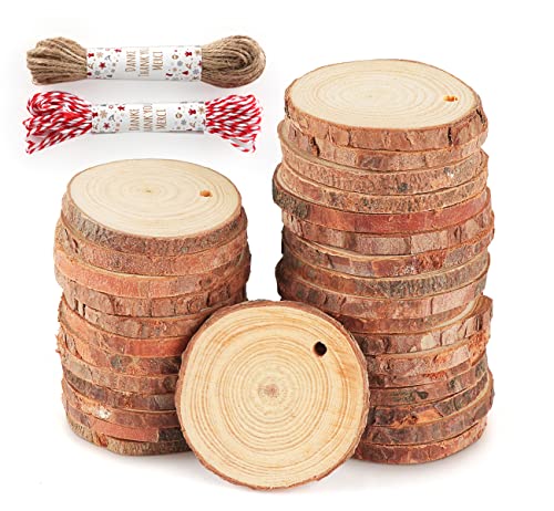 Homewit Holzscheiben 60 Stücke Holz Log Scheiben 4-5 cm Unbehandeltes Holz-Set mit Loch Runde Naturholz Baumscheiben Ca.5mm Dicke für DIY Basteln Hochzeit Weihnachten Dekoration Baumscheibe von Homewit