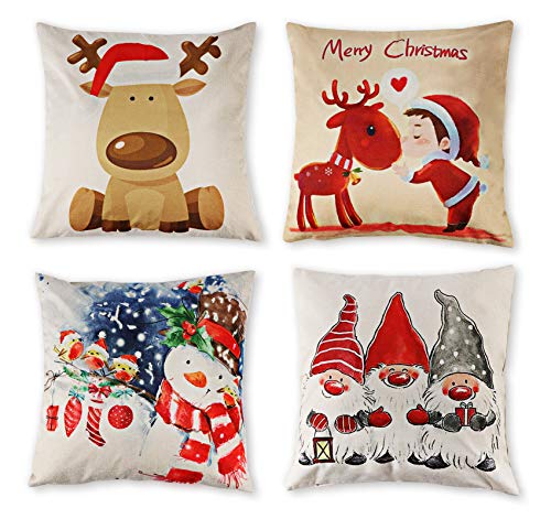 Homewit Kissenbezug Weihnachten 4 Stück Kopfkissenbezug Weihnachtskissenbezug 45x45 Kissenbezüge mit unsichtbarem Reißverschluss Leinen Dekokissen Kissenhülle für Zuhause und Sofa 4 Designs von Homewit