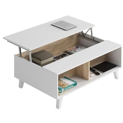 Homey, Glänzender Couchtisch für Esszimmer, Modell Adonis, Maße: 100 cm (Breite) x 38/48 cm (Höhe) x 68 cm (Tiefe), Holz, Weiß und kanadische Eiche von Homey