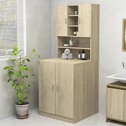 Homgoday Waschmaschinenschrank mit Stauraum Badschrank Hochschrank Badezimmerschrank Schrank Badregal Waschmaschinenregal für die Waschmaschine & WC Sonoma-Eiche von Homgoday