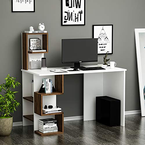DERONI Schreibtisch - Computertisch - Workstation für Home Office - Kinderzimmer oder Jugendzimmer in modernem Design (Weiß/Nussbaum - Opposite) von Homidea
