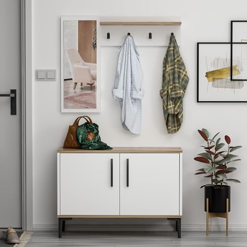 Homidea Atlantis Garderobe mit Spiegel - Schuhschrank - Dielenschrank - Flurschrank- Kompaktgarderobe (Weiß/Eiche) von Homidea