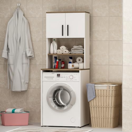 Homidea MIA Waschmaschinenschrank - Badezimmer Hochschrank -Überbauschrank für Waschmaschine und Wäschetrockner für Küche und Badezimmer 182.1 x 65 x 60 cm (Weiß/Eiche) von Homidea