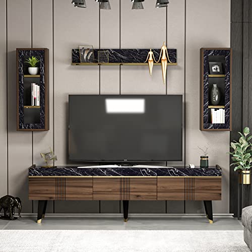 Homidea KARYA Wohnwand – Wohnzimmer TV Set – TV Schrank – TV Lowboard – Fernsehtisch - TV Möbel mit 3 Türen in modernem Design (Nussbaum/Marmor) von Homidea