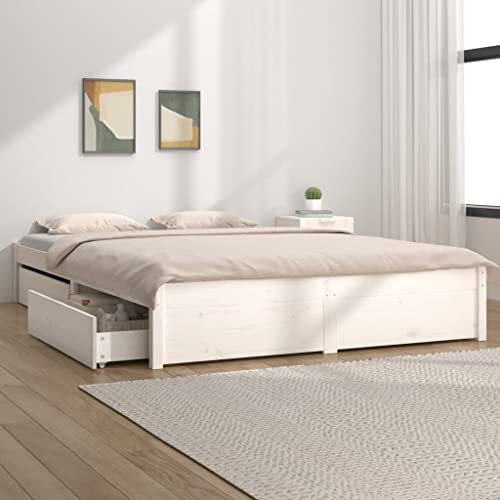 Hommdiy Holzbett, Bett mit Lattenrost und 4 Schubladen, 160 x 200 cm Weiß Matratze Nicht im Lieferumfang enthalten von Hommdiy
