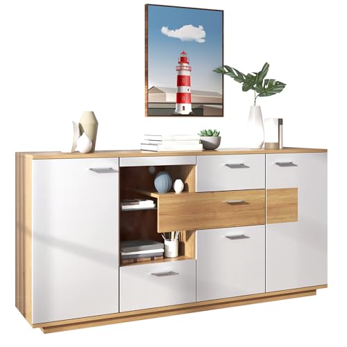 Hommdiy Modernes Sideboard-Schrank mit viel Stauraum, mit LED-Beleuchtung, 160x40x77cm, 2 Türen, 4 Schubladen, Glasablage, Holzoptik, Weiß,Wohnzimmermöbel, Organizer, Kommode, Mehrzweckschrank. Hommdiy Modernes Sideboard-Schrank mit viel Stauraum, mit LED-Beleuchtung, 160x40x77cm, 2 Türen, 4 Schubladen, Glasablage, Holzoptik, Weiß,Wohnzimmermöbel, Organizer, Kommode, Mehrzweckschrank. von Hommdiy