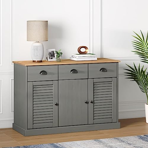 Hommdiy Sideboard mit Schubladen VIGO Kommode Highboard mit 3 Schubladen und 3 Türen Mexiko Stil 113x40x75 cm Massivholz Kiefer Grau von Hommdiy