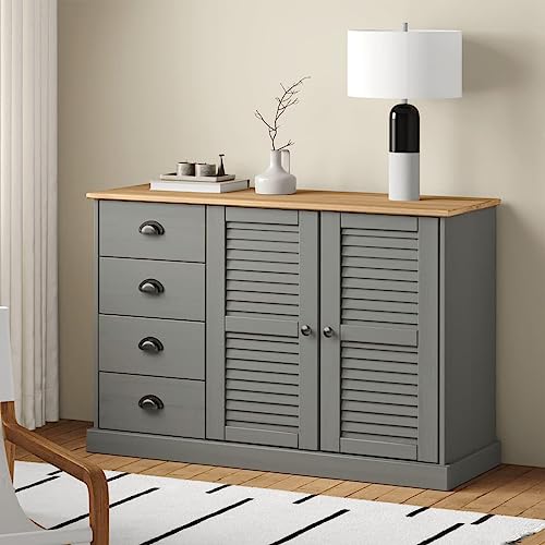 Hommdiy Sideboard mit Schubladen VIGO Kommode Highboard mit 4 Schubladen und 2 Türen Mexiko Stil 113x40x75 cm Massivholz Kiefer Grau von Hommdiy