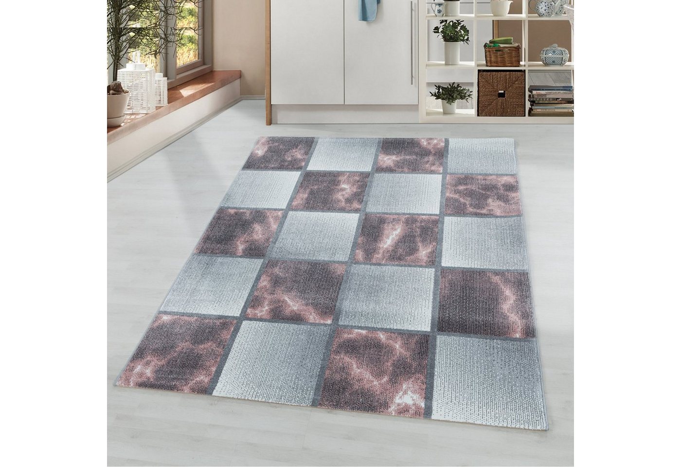 Teppich, Homtex, 80 x 250 cm, Modern Designer Teppich: Kurzflor mit Karo-Design in Marmor-Optik von Homtex