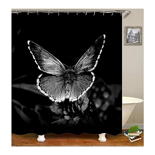 Homxi Duschvorhang mit Ösen,180 W x 200 H cm,Schwarz Duschvorhang Schmetterling Polyester Duschvorhang Haken Duschvorhang von Homxi