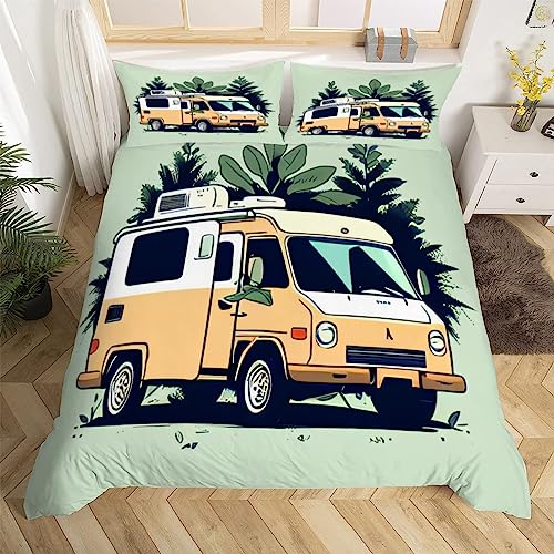 Camping Wohnmobil Motiv Bettwäsche 135x200 cm Weiche Mikrofaser Karikatur Bettwäsche-Set mit Reißverschluss 3 Teilig Bettbezug Set mit Kissenbezug 80x80 cm von HongDuo