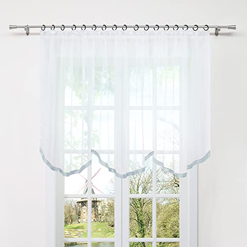 HongYa Gardine Store mit Kräuselband Transparenter Voile Bogenstore Blumenfenster Küche Vorhang mit Satinband H/B 120/600 cm Silber von HongYa