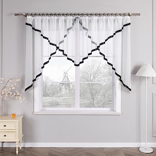 HongYa Kuvertstore transparenter Voile Gardine mit Satinbänder Kräuselband Vorhang H/B 145/600 cm Schwarz von HongYa