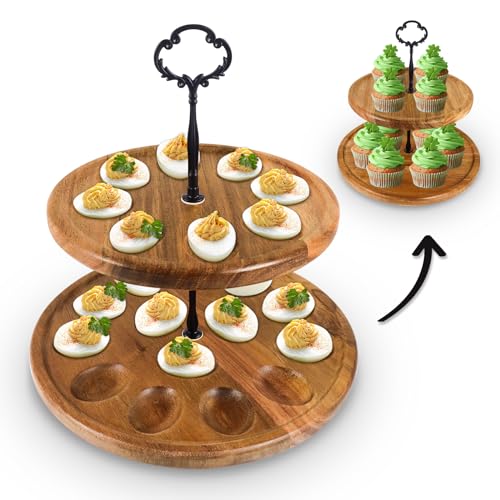 Honitra Deviled Eierplatte, 22 Löcher Deviled Egg Tray für Deviled Eggs, Doppelschichtiger Deviled Eierhalter & Cupcake-Ständer, Holz Deviled Eierplatte & Deviled Eierteller für Thanksgiving von Honitra