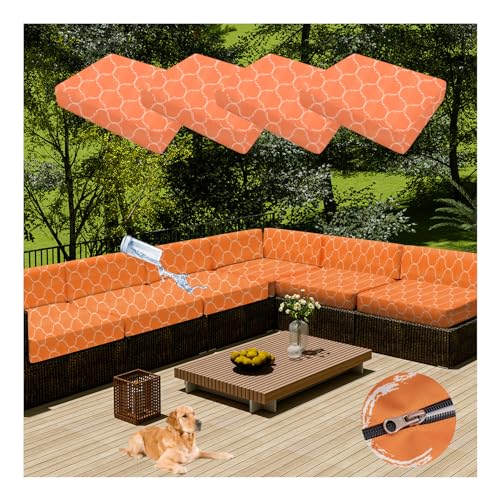 HonunGron 4 Stück Terrassenkissenbezüge, Wasserdicht, Ersatz-Kissenbezüge für Gartenmöbel, Outdoor-Couch Kissenbezug mit Reißverschluss für Rattan-Möbel, Terrassen-Sofa (50×45×10cm,Orange Circle) von HonunGron
