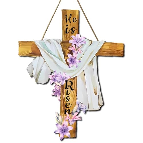 Horienteeon Holzschild mit Aufschrift "He is Risen", Kreuzschild für Ostern, Dekoration, 24 x 30 cm, Blume, He is Risen, Aufhänger, religiöses Schild für Haustür, Veranda, Wand, Innen- und von Horienteeon