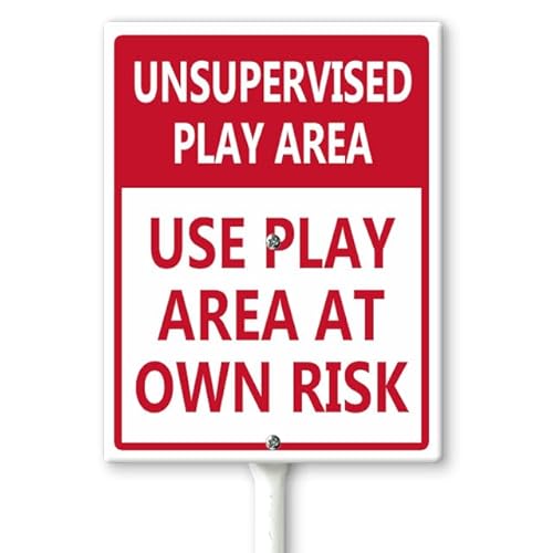 Horienteeon Schild mit Pfählen "Unsupervised Play Area Use Play Area At Own Risk", 20 x 30 cm, stabiles Aluminium-Schild, rostfrei, unbeaufsichtigter Spielbereich, Warnschild für Rasenhof von Horienteeon