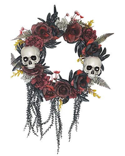 Morbider Halloween Türkranz mit vertrockneten Rosenblüten & Totenköpfen von Horror-Shop