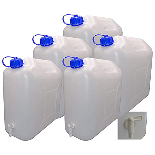 5 x 20 L Kanister mit Deckel, Zapfhahn und Ausgießer, natur Trinkwasser von Hossi's Wholesale