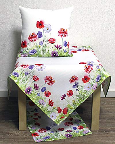 Hossner Heimtex Tischdecke Tischläufer Kissenhülle Frühling Sommer Bedruckt mit Mohnblumen auf Creme farbigem Untergrund (40 x 90 cm) von Hossner Heimtex