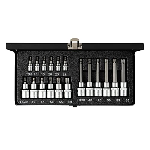 Hoteche Steckschlüsselsatz 1/4"&1/2"DR. Torx Bit Socket Set, Chrom-Vanadium-Stahl, CNC-gefräste Bits, rostfrei, 18-teilig von Hoteche