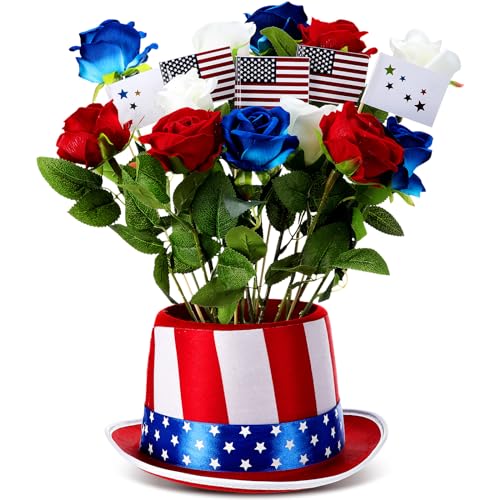 Hotop Independence Day Blumentopf-Hut-Set, rot, blau, gestreift, Stern, hoher Hut, Schnalle, Blumenarrangement, Behälter, amerikanische Flagge, Unabhängigkeitstag, Urlaub, Dekoration von Hotop