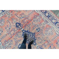 Vintage 8'10 "x 11'5" Teppich Blumenmedaillon Blau Lachs Beige Distressed Oushak Handgefertigter 1940Er Jahre - Kostenloser Domestic Versand von HouseofSeance