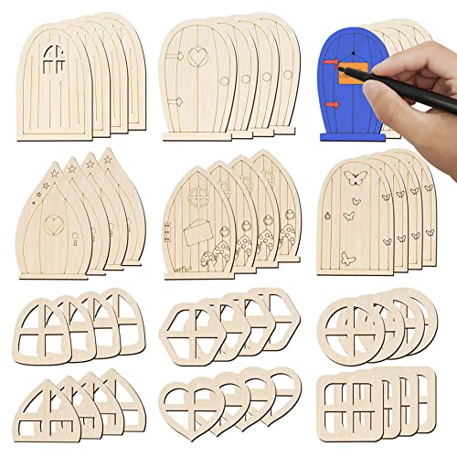 Hperu Fairy Door Holzmärchentüren für Baum unvollendeter Mini Fenster Feenhaus DIY Kit Fairy Garden Accessoires für Zuhause 48 PCS Style 1 Outdoor Statuen von Hperu