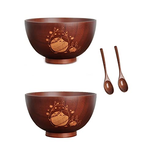 Huachaoxiang 2er Set Japanische Reisschale Suppenschale aus Kastanienholz für Reis, Suppen, Desserts, Knabbereien, (11,7 cm Durchmesser) Schale für Kinder (Schalen + Löffel),Braun von Huachaoxiang