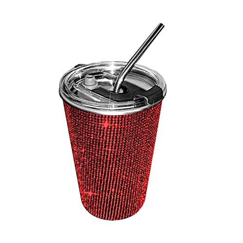 Huamengyuan Thermosbecher mit Stroh,Auto Kaffeetasse aus Edelstahl Diamantbesetzter Kaffeetasse Auslaufsicher Reisebecher Kristall Strasssteinen Autobecher Kaffee-to-go Becher von Huamengyuan