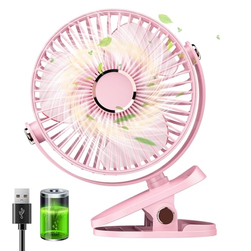 Huifengjie Clip Ventilator Klein Tischventilator USB Ventilator Leise, 5000mAh Mini Ventilator USB-Ventilatoren 5 Geschwindigkeiten 720° Drehung, Kleiner Ventilator für Zuhause Büro Camping(Rosa) von Huifengjie