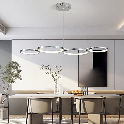 LED Pendelleuchte Esstisch Modern Hängelampe Dimmbar Esszimmerlampe mit Fernbedienung Hängeleuchte Hoehenverstellbar Pendellampe Ring Design Wohnzimmerlampe für Wohnzimmer Esszimmer Küche (Chrom) von Huilefu