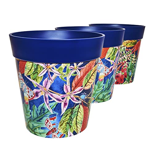 Hum Flowerpots, 22 cm, 3er-Set, in Verschiedenen Farben und Mustern, Blumentöpfe aus Kunststoff für Drinnen und Draußen, Blaue Blätter von Hum Flowerpots