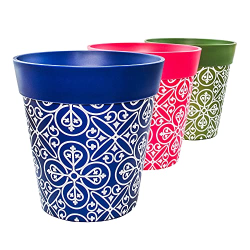 Hum Flowerpots, 22 cm, 3er-Set, in Verschiedenen Farben und Mustern, Blumentöpfe aus Kunststoff für Drinnen und Draußen, Mehrfarbig Marokkanisch von Hum Flowerpots