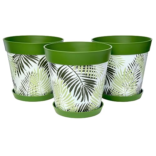 Hum Flowerpots, Satz aus 3 Kunststoff-Blumentöpfen für drinnen und draußen, 25cm Durchmesser, und 3 Untersetzer 19cm Durchmesser, Grüner Farn von Hum Flowerpots