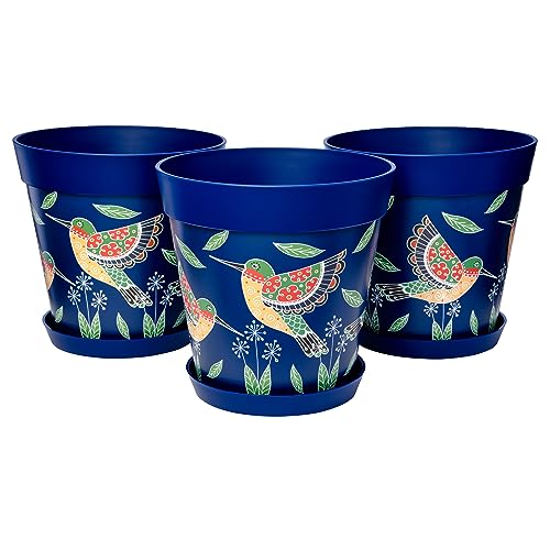 Hum Flowerpots, Satz aus 3 Kunststoff-Blumentöpfen für drinnen und draußen, 25cm Durchmesser, und 3 Untersetzer 19cm Durchmesser Blaue Kolibris von Hum Flowerpots