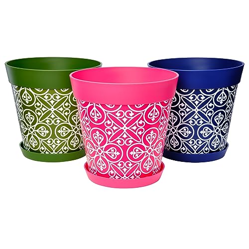 Hum Flowerpots, Satz aus 3 Kunststoff-Blumentöpfen für drinnen und draußen, 25cm Durchmesser, und 3 Untersetzer 19cm Durchmesser Mehrfarbig Marokkanisch von Hum Flowerpots