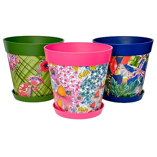 Hum Flowerpots, Satz aus 3 Kunststoff-Blumentöpfen für drinnen und draußen, 25cm Durchmesser, und 3 Untersetzer 19cm Durchmesser Mehrfarbig von Hum Flowerpots