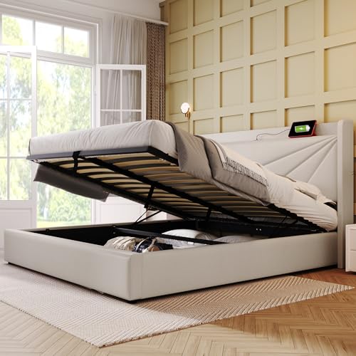 Doppelbett 160x200cm mit Bettkasten, USB-Ladestation & Kopfteil - Stauraumbett aus Leinen, Lattenrost von Huyuee
