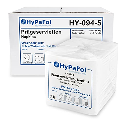 Hypafol Servietten weiß à 32x32 cm, 1-lagig I Prägeservietten im Vorteilspack I Papierservietten für Gastronomie-Betriebe, Kantinen, Büros und Co. I 100% Zellstoff und 1/4-Falz I 10 x 500 Stück von Hypafol