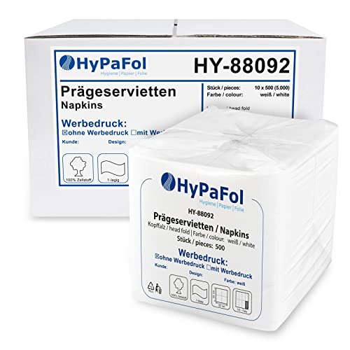 Hypafol Servietten weiß à 32x32 cm, 1-lagig I Prägeservietten im Vorteilspack I Papierservietten für Gastronomie-Betriebe, Kantinen, Büros und Co. I 100% Zellstoff und 1/8-Falz I 10 x 500 Stück von Hypafol