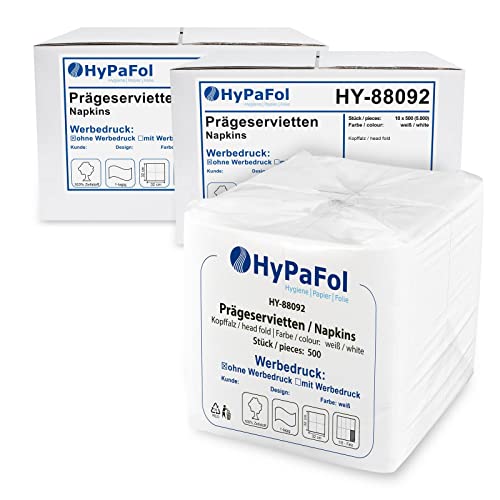 Hypafol Servietten weiß à 32x32 cm, 1-lagig I Prägeservietten im Vorteilspack I Papierservietten für Gastronomie-Betriebe, Kantinen, Büros und Co. I 100% Zellstoff und 1/8-Falz I 10 x 500 Stück von Hypafol