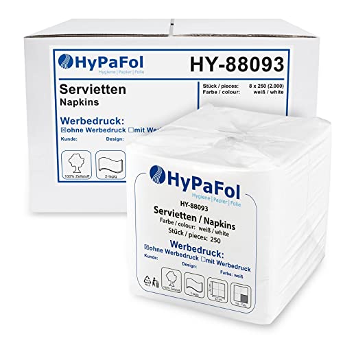 Hypafol Servietten weiß à 32x32 cm, 2-lagig I Prägeservietten im Vorteilspack I Papierservietten für Gastronomie-Betriebe, Kantinen, Büros und Co. I 100% Zellstoff und 1/4-Falz I 8 x 250 Stück von Hypafol