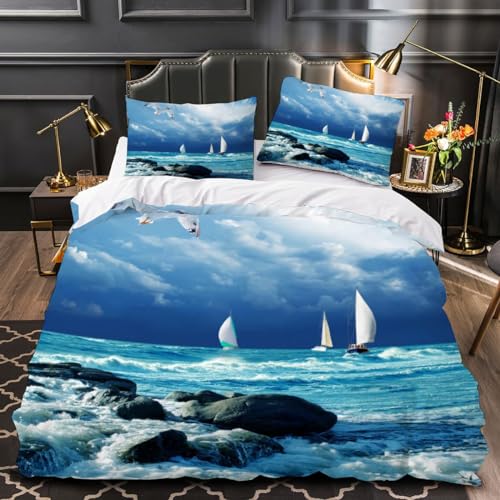 IATAHI 3D Druck Segelboot Bettwäsche 135x200 Bettbezug Kinder Jungen Mädchen Pflegeleicht Weich Mikrofaser Bettwäsche Set Bettbezüge mit Reißverschluss mit 2 Kissenbezug 80x80cm von IATAHI