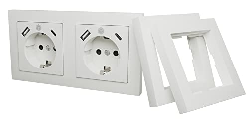 ICY Box Steckdose mit USB Unterputz, 2X USB-C & 2X USB-A Ports (Set für 1x Doppelsteckdose oder 2X Einzelsteckdose), 2-Fach Wandsteckdose, IB-MPS4200W-PD von ICY BOX