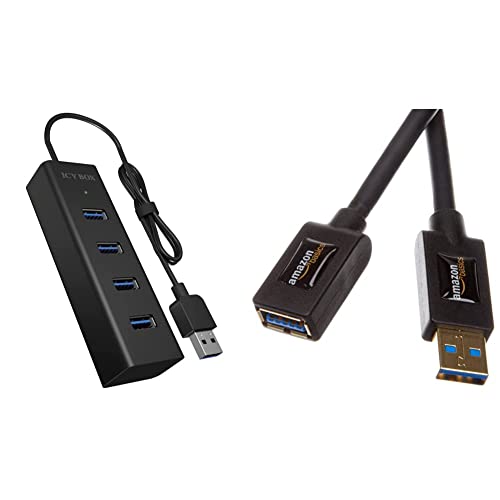 Icy Box IB-HUB1409-U3 4-Fach USB-Hub (Type-A Verbindung) mit 4X USB 3.0 (Type-A) Anschlüssen, Schwarz & Amazon Basics USB 3.0-Verlängerungskabel (A-Stecker auf A-Buchse) 3 m von ICY BOX