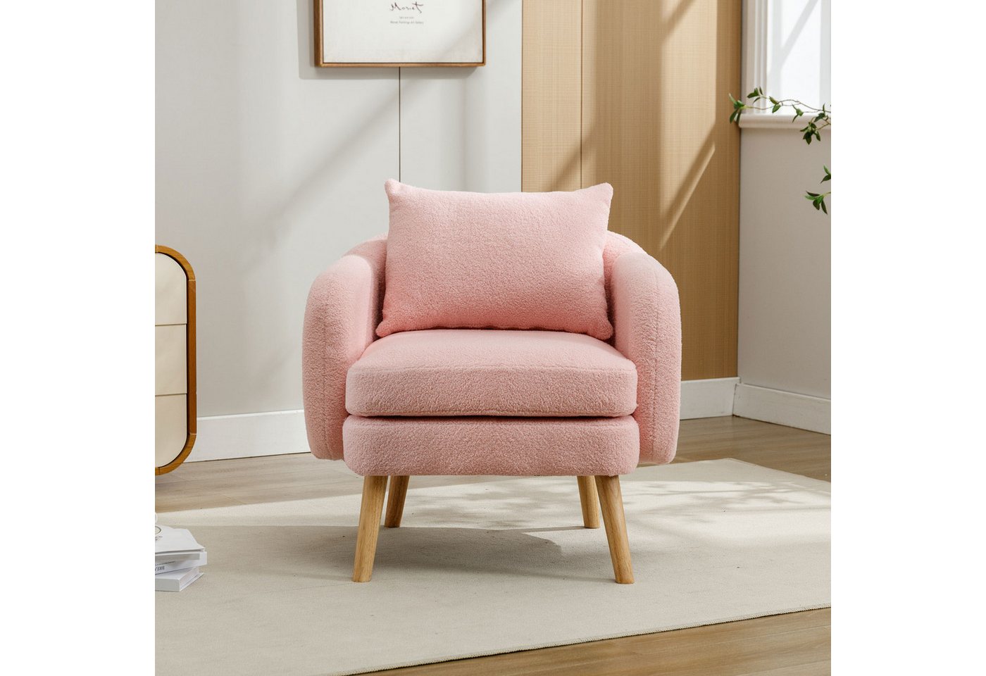 IDEASY Armlehnstuhl Teddy-Samtsessel, abnehmbares 14-cm-Sitzkissen, extra dickes, Rückenkissen, Beine aus Massivholz, beige/grau/weiß/rosa von IDEASY