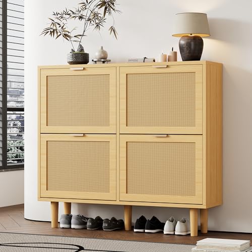 IDEASY Schuhschrank mit 4 Klappschubladen, Rattan-Kommode mit Metallgriffen & Holzelementen, Landhausstil Schuhregal für Flur/Schlafzimmer/Wohnung, 100x25x90 cm, Naturholz IDEASY Schuhschrank mit 4 Klappschubladen, Rattan-Kommode mit Metallgriffen & Holzelementen, Landhausstil Schuhregal für Flur/Schlafzimmer/Wohnung, 100x25x90 cm, Naturholz von IDEASY