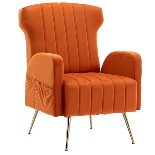 IDEASY Velvet Wingback Armchair, Komfortabler Sessel mit goldenen Beinen und seitlicher Aufbewahrungstasche, Loungesessel perfekt für Wohnzimmer, Schlafzimmer, orange von IDEASY